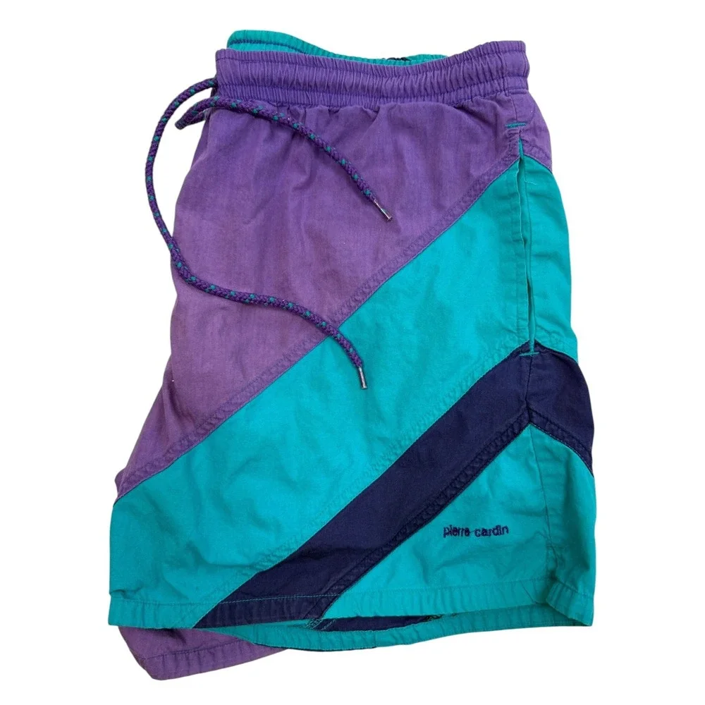 Vintage Pierre Cardin Swim Trunks Mens L Purple Teal Colorblock 80s 90s Retro